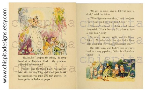 The BAM-BAM clock: a cute and illustrated PDF fairy tale about a girl who was always late.Clock and fairies from the 1920s Printable story.
