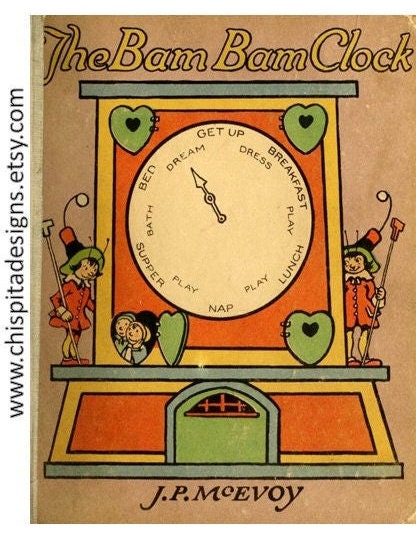 The BAM-BAM clock: a cute and illustrated PDF fairy tale about a girl who was always late.Clock and fairies from the 1920s Printable story.
