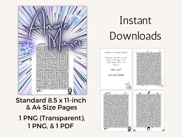 Anime mazzel book, 30 printable pages, maze for children, instant download, brain teaser game, maze play, kids activity book