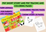Farm animals short story PDF, tracing and color paper, farm animals PDF book for children, tracing activity for children