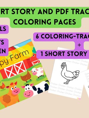 Farm animals short story PDF, tracing and color paper, farm animals PDF book for children, tracing activity for children