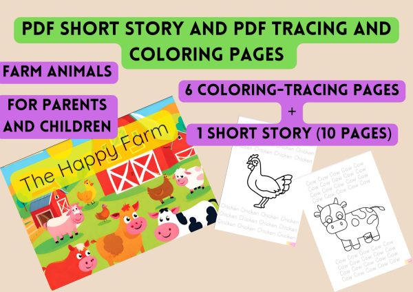 Farm animals short story PDF, tracing and color paper, farm animals PDF book for children, tracing activity for children