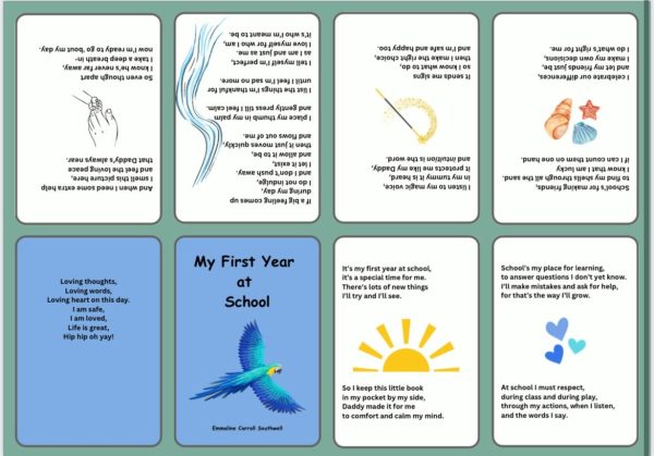 US - My first year at school (mommy to child/purple) A foldable booklet in pocket size for your child who goes to school