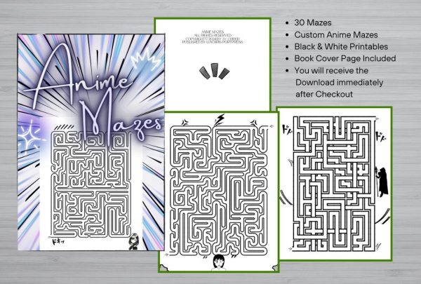 Anime mazzel book, 30 printable pages, maze for children, instant download, brain teaser game, maze play, kids activity book