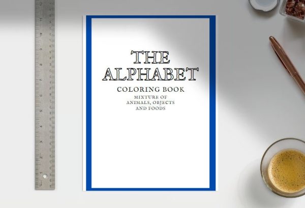Alphabet coloring book with a mix of animals, instruments, food and items