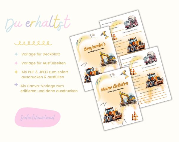 Printing template Friends book Construction Place - Friendship of Kleuternschool - Friends book to print yourself - Friends book pages - Friends cards