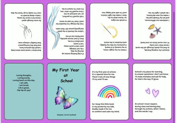 US - My first year at school (mommy to child/purple) A foldable booklet in pocket size for your child who goes to school