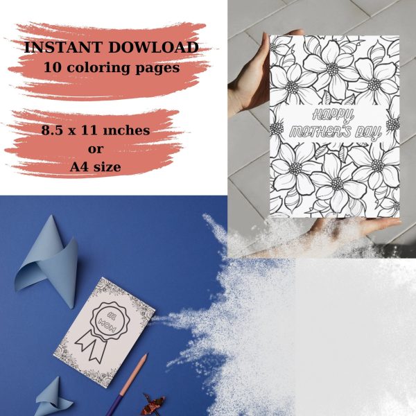 Coloring book, Mother's Day design, colored coloring book pages, Mother's Day Colorbook, Digital Download, PDF Instant Dowload, 10 pages PDF